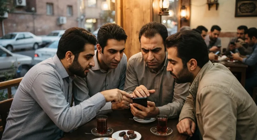 Iranian men at a cafe table looking at odds on a smartphone